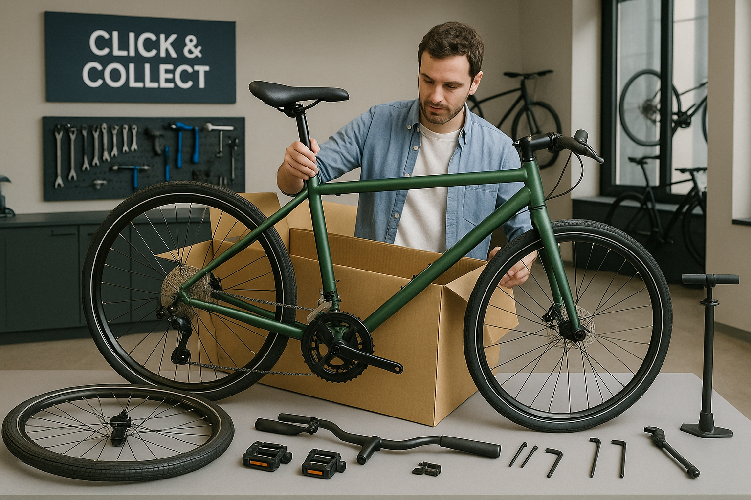 Click und collect fahrrad aus dem karton nehmen und aufbauen