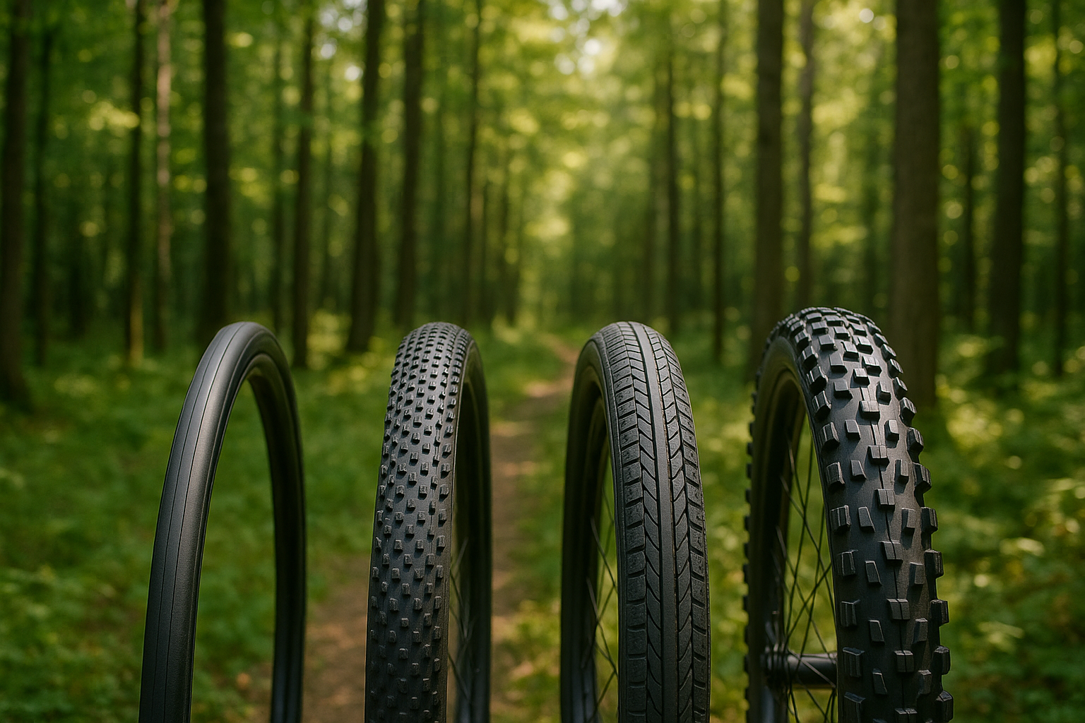 bild mit fahrradreifen und waldhintergrund. je ein rennradreifen, ein gravelreifen, ein city reifen und ein mtb reifen